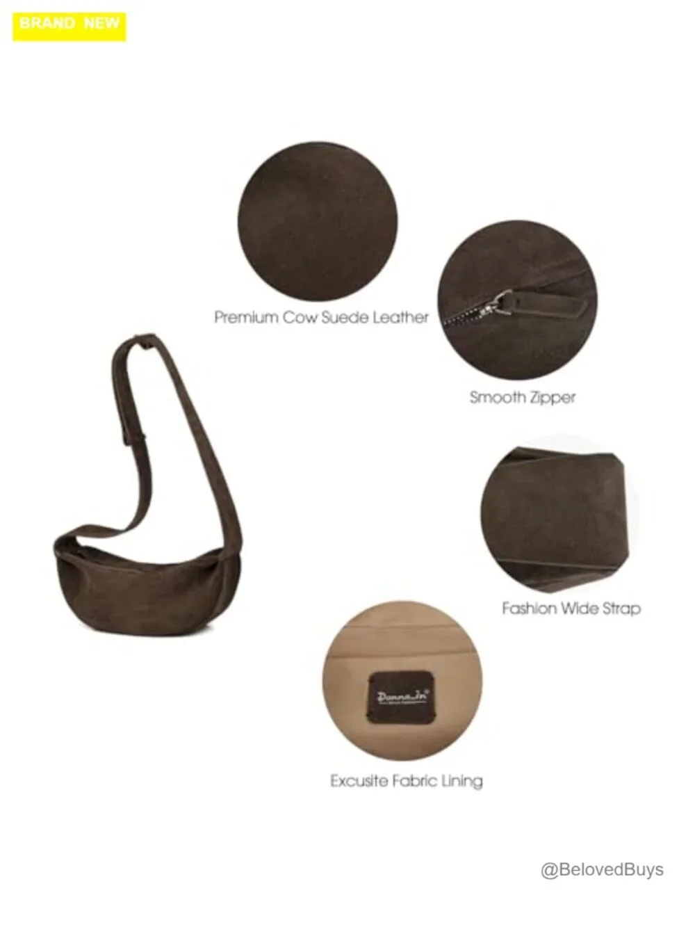 Premium Suede Leather Crossbody Sling Hobo Bag with Wide Strap